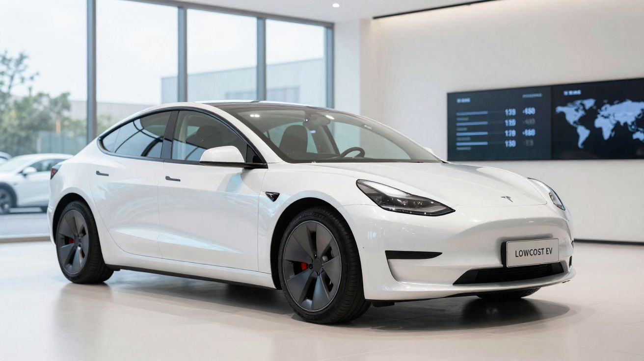 Carro elétrico branco Tesla Model 3 em showroom moderno com piso branco e janelas amplas.