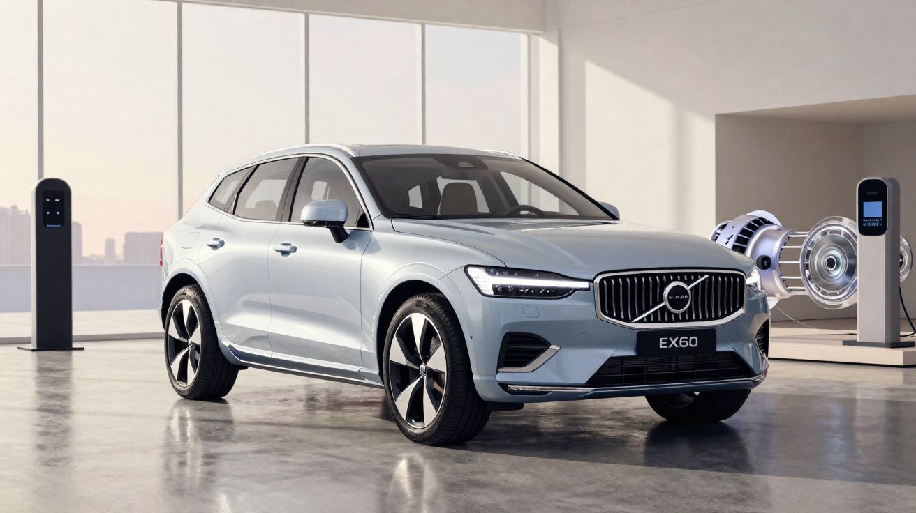 Carro elétrico Volvo EX60 prata estacionado em ambiente interno moderno com painel de motor e carregadores elétricos.