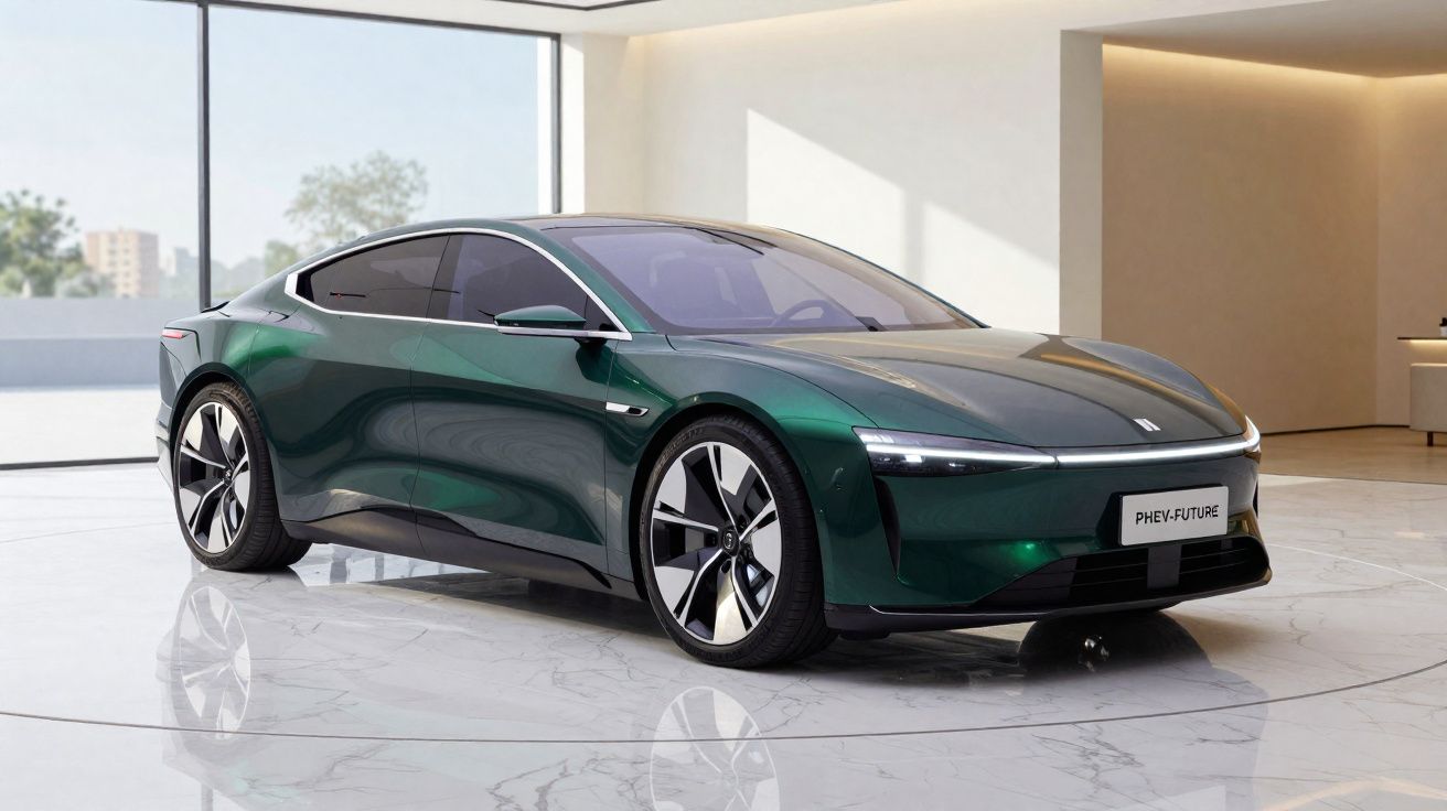 Carro elétrico verde escuro com design futurista exibido em ambiente interno moderno e iluminado.