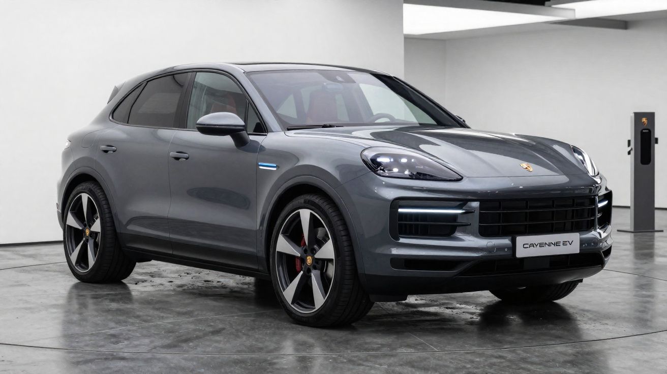 Carro esportivo SUV elétrico Porsche Cayenne EV cinza estacionado em ambiente interno moderno.