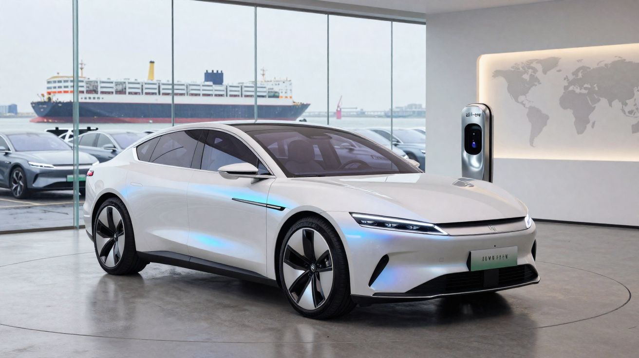 Carro elétrico branco moderno em showroom com parede de vidro e navio no fundo.