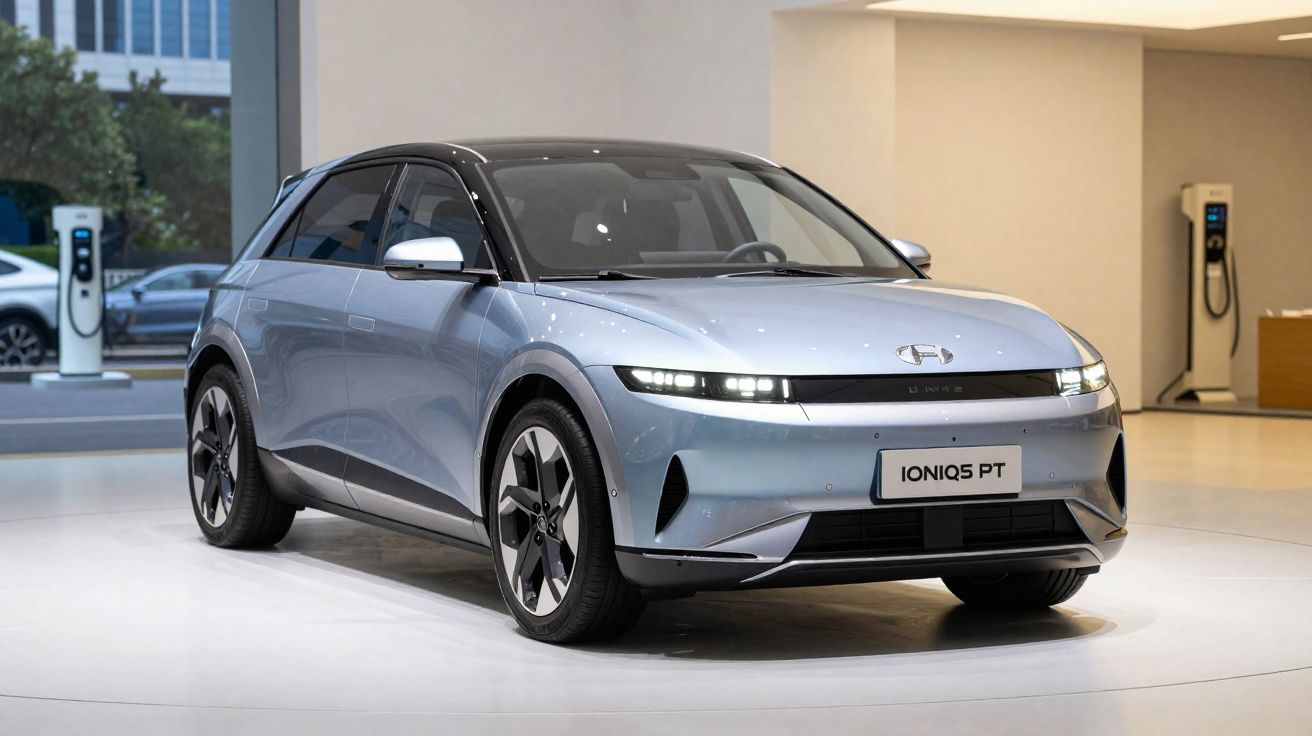 Carro elétrico Hyundai Ioniq 5 PT prata com teto preto em showroom moderno e bem iluminado.