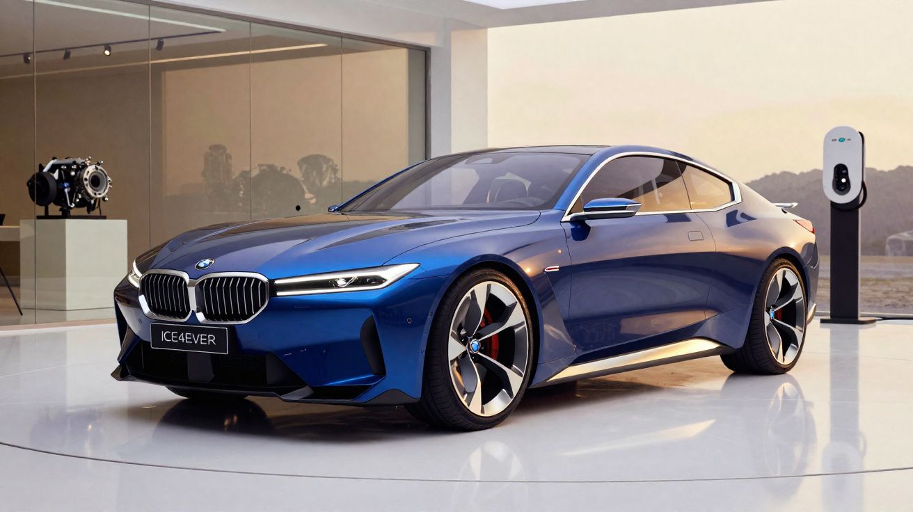 Carro esportivo azul da BMW estacionado em galeria moderna com carregador elétrico ao lado.