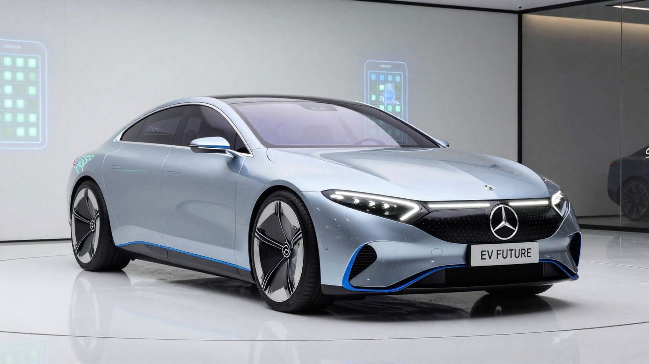 Carro elétrico conceito Mercedes-Benz EV Future prata exibido em ambiente moderno e minimalista.