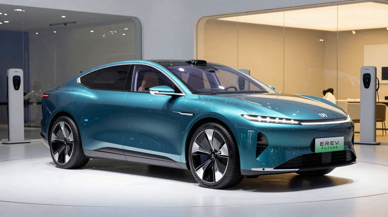 Carro elétrico azul futurista exposto em sala moderna com estação de recarga ao fundo.