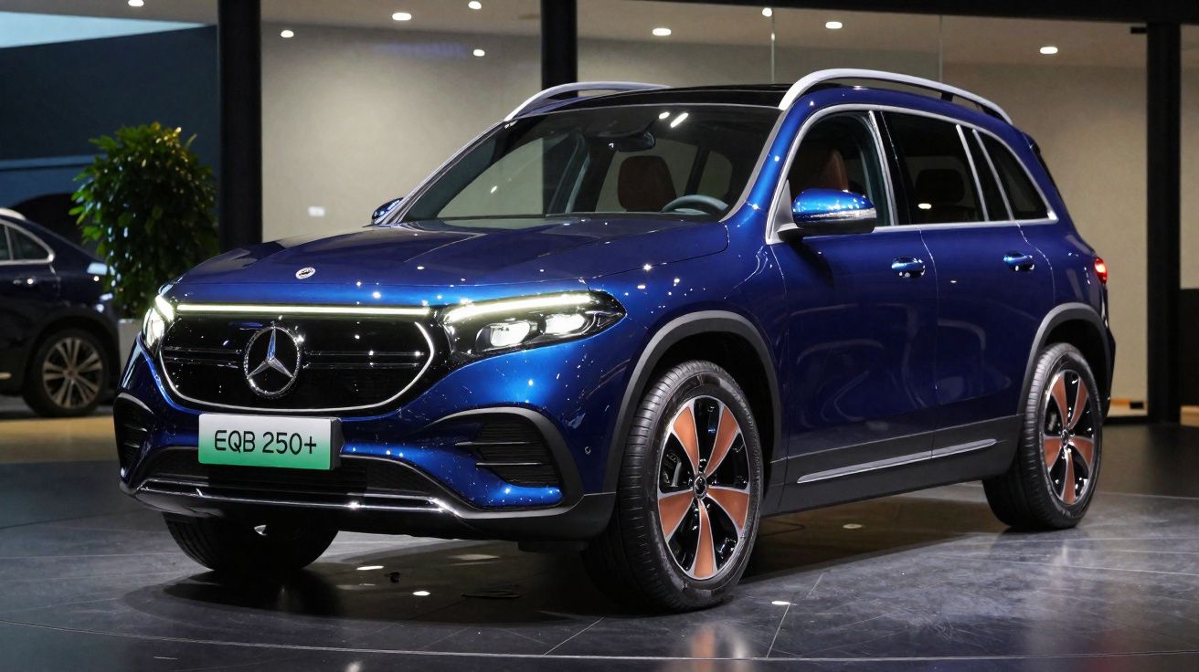 Carro SUV elétrico Mercedes-Benz EQB 250+, azul, em exposição interna iluminada.