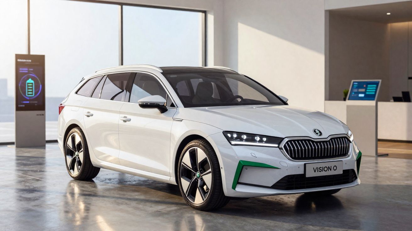 Carro elétrico Skoda Vision 0 branco exibido em ambiente moderno e iluminado por luz natural.