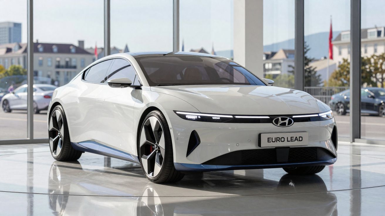 Carro elétrico branco Hyundai estilizado em showroom com janelas amplas e piso refletivo.