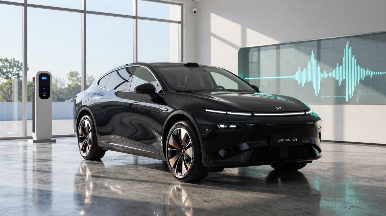 Carro elétrico preto XPeng P7 em ambiente moderno com estação de recarga ao fundo e tela digital na parede.