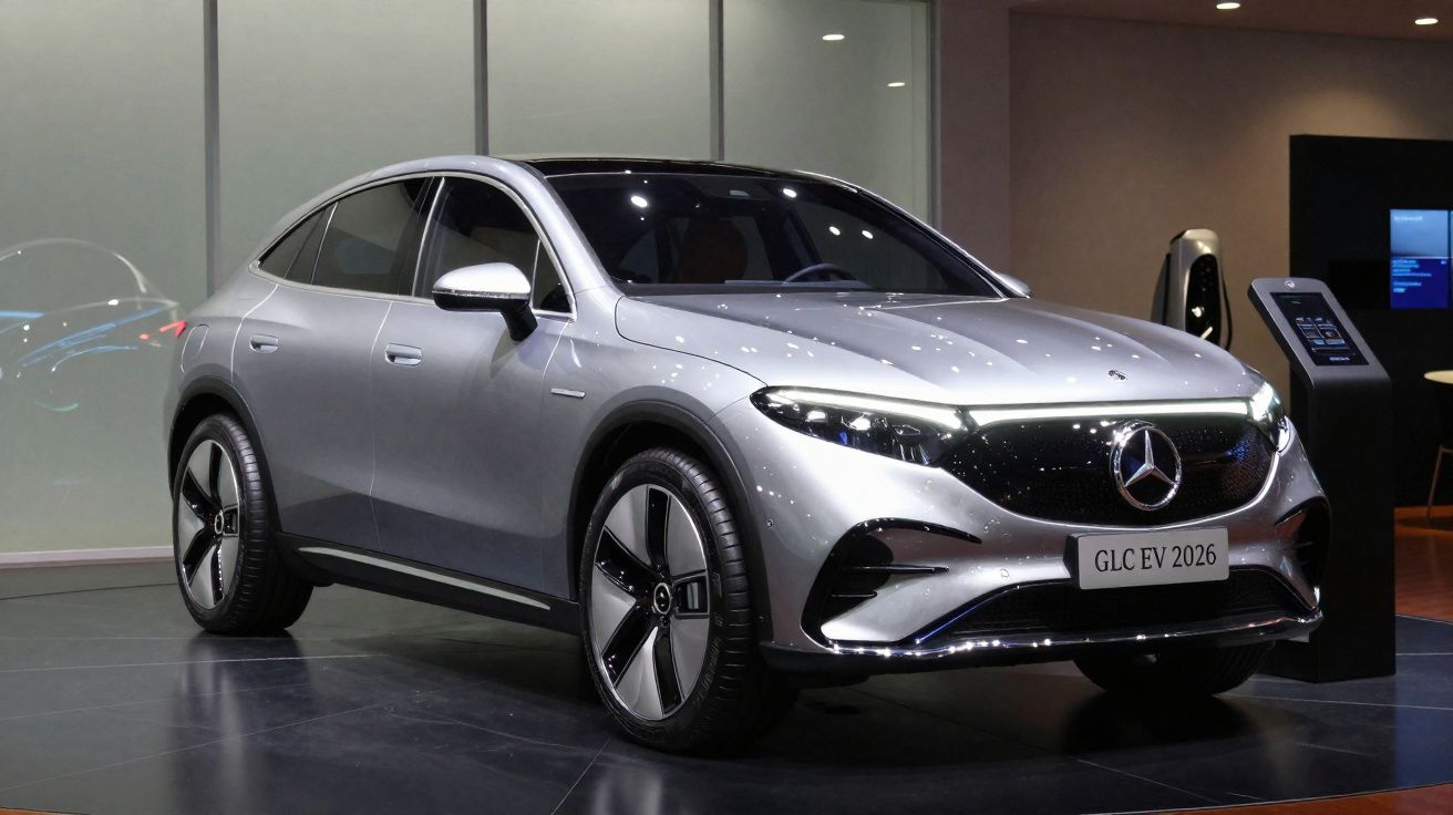 Carro elétrico Mercedes-Benz GLC EV 2026 cinza em exposição interna, com design moderno e elegante.