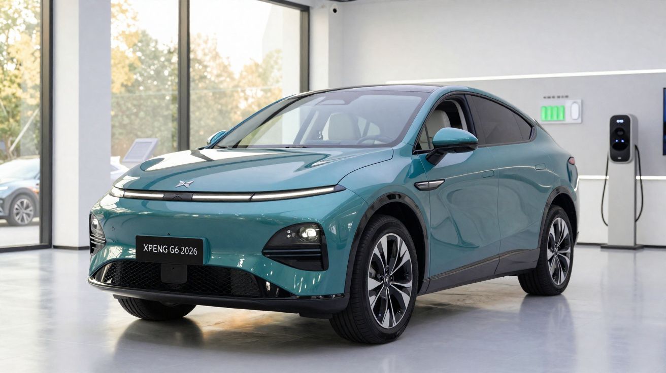 Carro elétrico XPENG G6 2026 azul em showroom moderno com estações de recarga ao fundo.