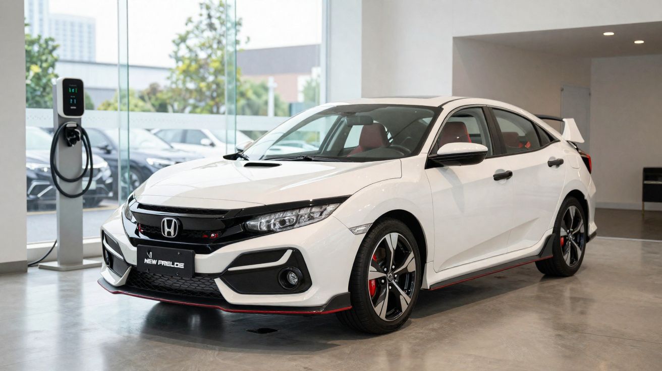 Carro branco Honda Civic esportivo estacionado em showroom moderno com piso cinza e muro branco.