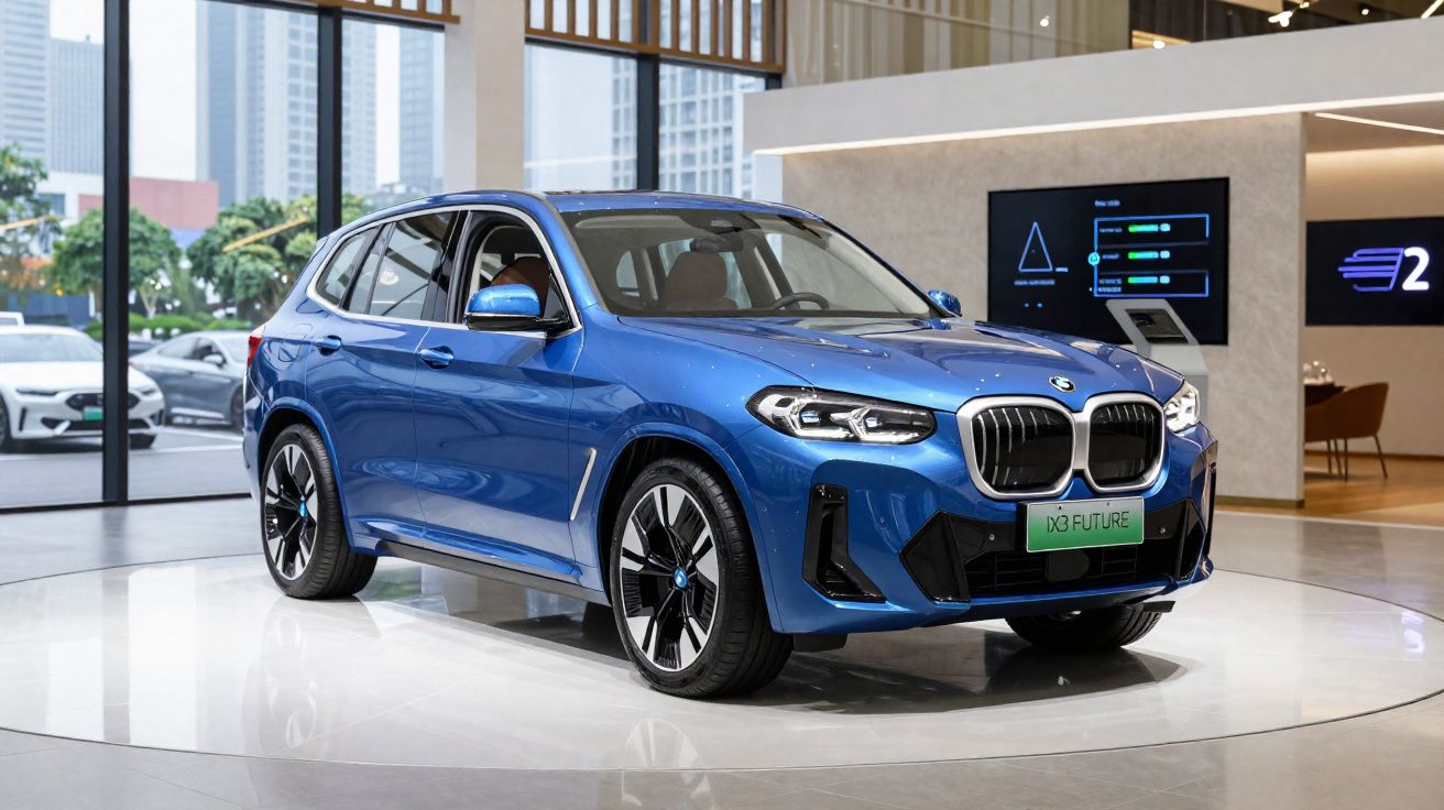 Carro SUV BMW azul exibido em showroom moderno com piso branco e parede de vidro ao fundo.