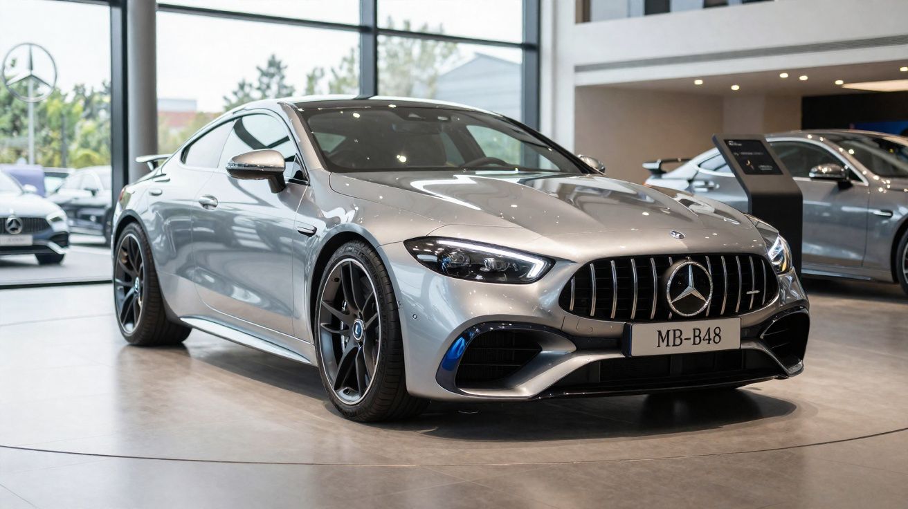 Mercedes-Benz prata estacionado em showroom moderno com teto alto e piso de concreto polido.