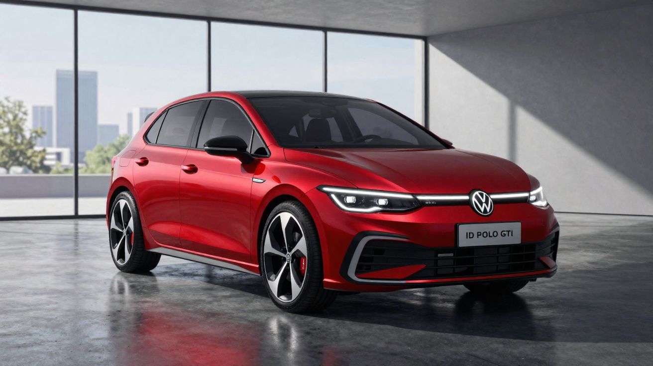 Carro esportivo Volkswagen ID Polo GTI vermelho estacionado em ambiente moderno com grandes janelas.