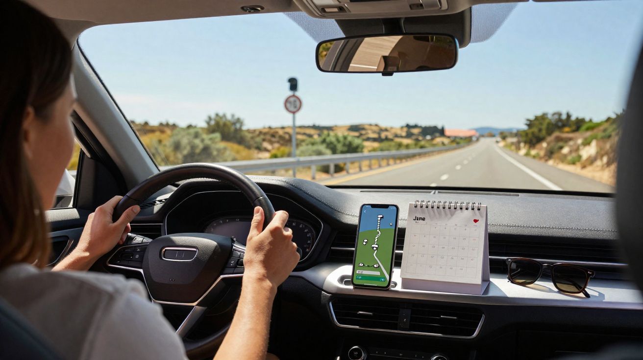 Mulher dirigindo carro em estrada com celular exibindo GPS e calendário sobre o painel.