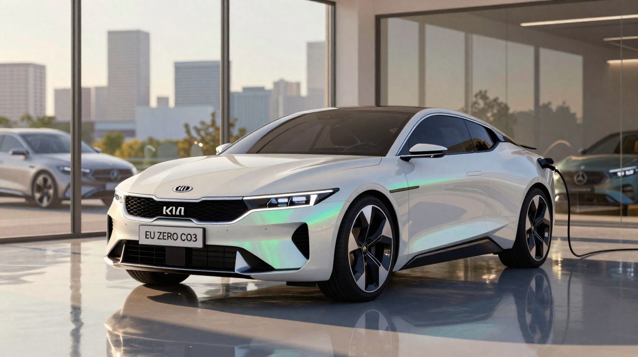 Carro elétrico branco modelo Kia EU Zero CO3 carregando em estação interna com janelas e cidade ao fundo.