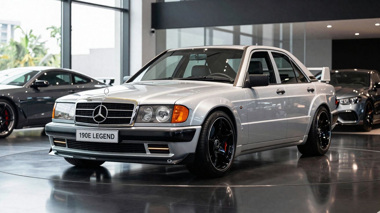 Carro Mercedes-Benz 190E Legend prata com rodas pretas, exibido em showroom moderno.