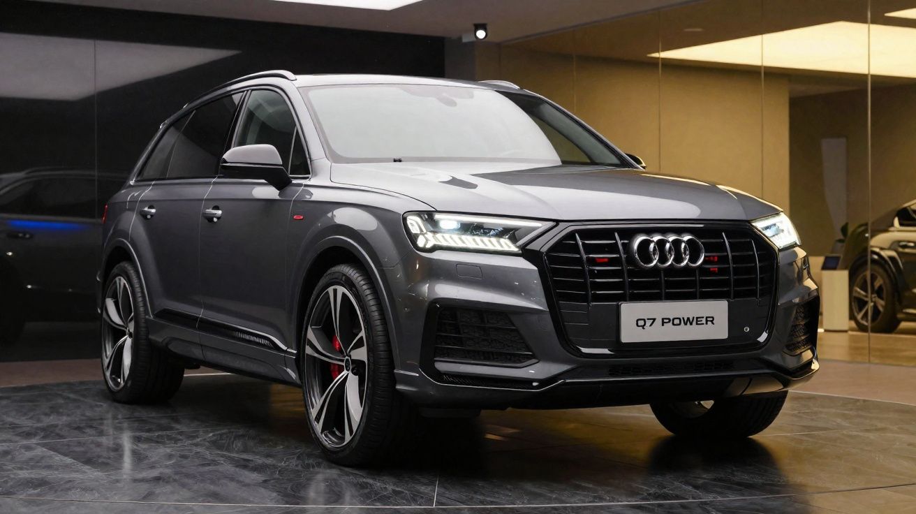 Audi Q7 Power cinza escuro estacionado em ambiente interno moderno com iluminação suave.