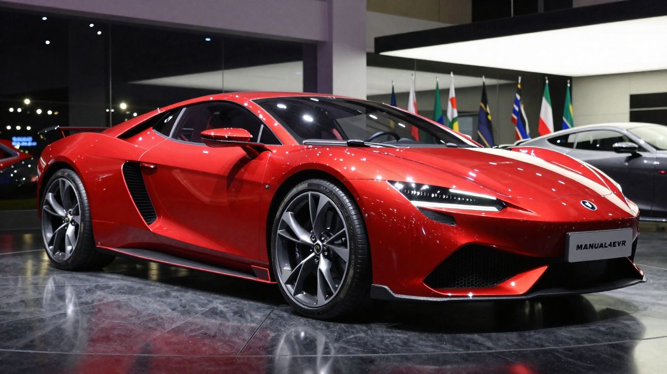Carro esportivo vermelho com design moderno exibido em salão, refletindo no piso brilhante.