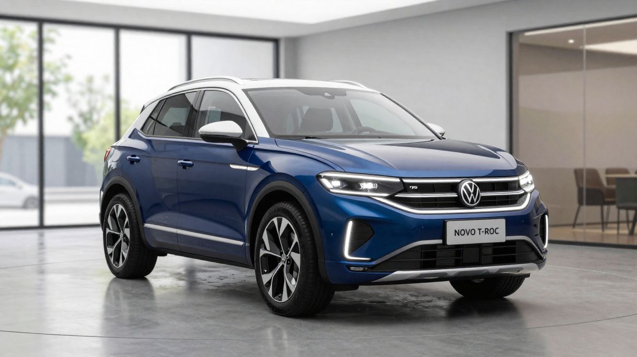 Carro Volkswagen Novo T-Roc azul com teto branco estacionado em ambiente interno moderno.