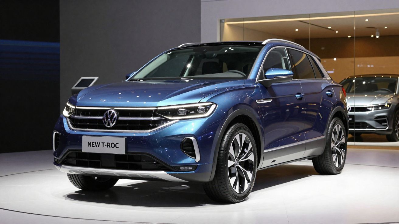 Carro SUV Volkswagen New T-Roc azul em exposição sob luzes em ambiente interno.