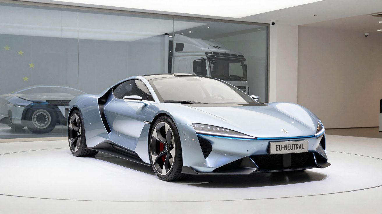 Carro esportivo elétrico prata exibido em ambiente interno moderno, placa EU-NEUTRAL.