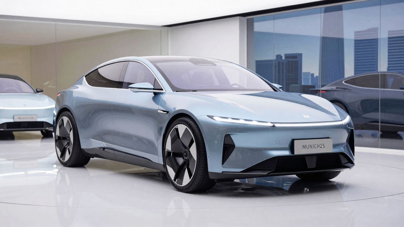 Carro elétrico cinza com design moderno em showroom com piso branco e vidros espelhados.