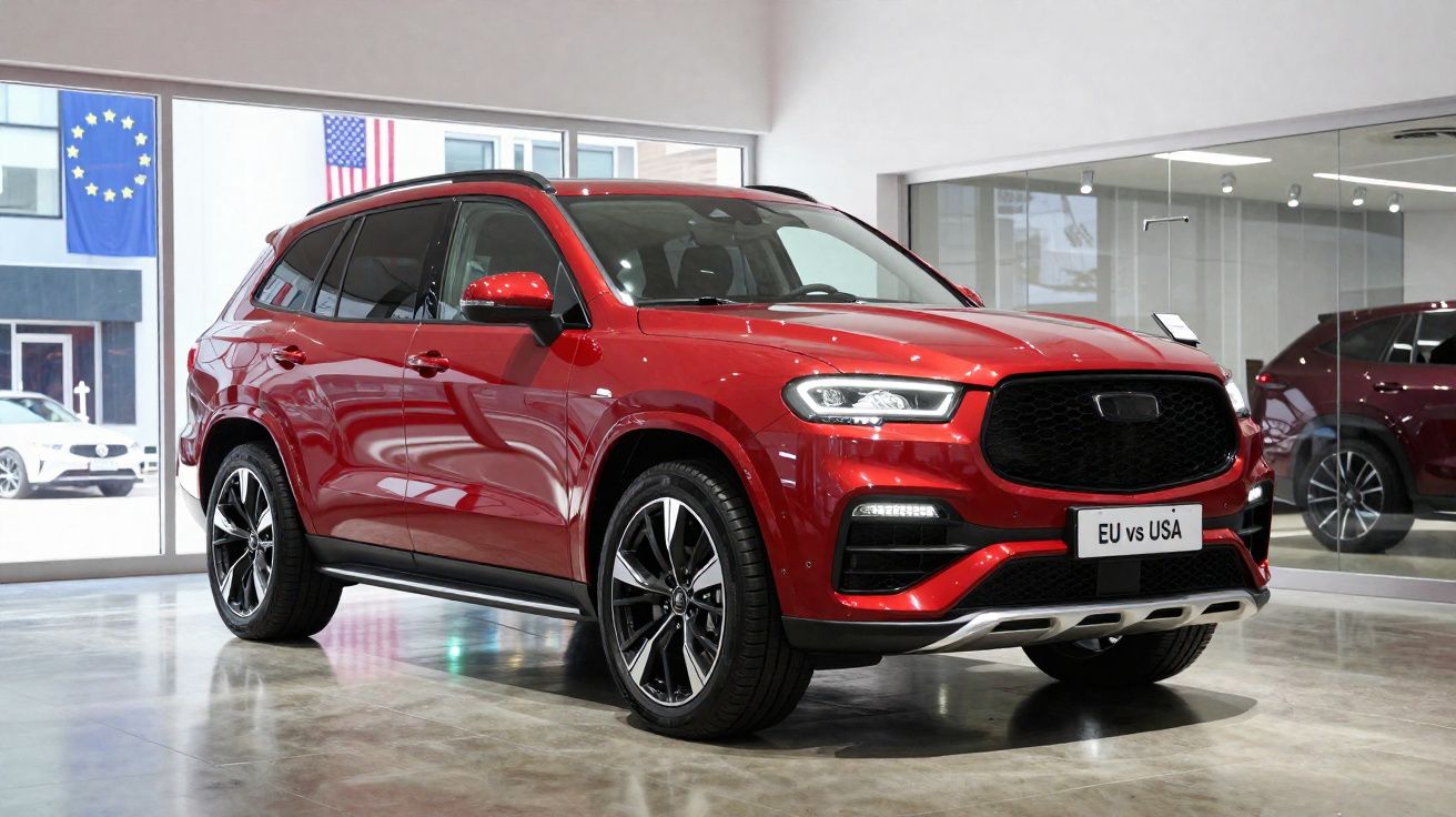 SUV vermelho moderno estacionado em showroom com placas indicando comparação UE vs EUA