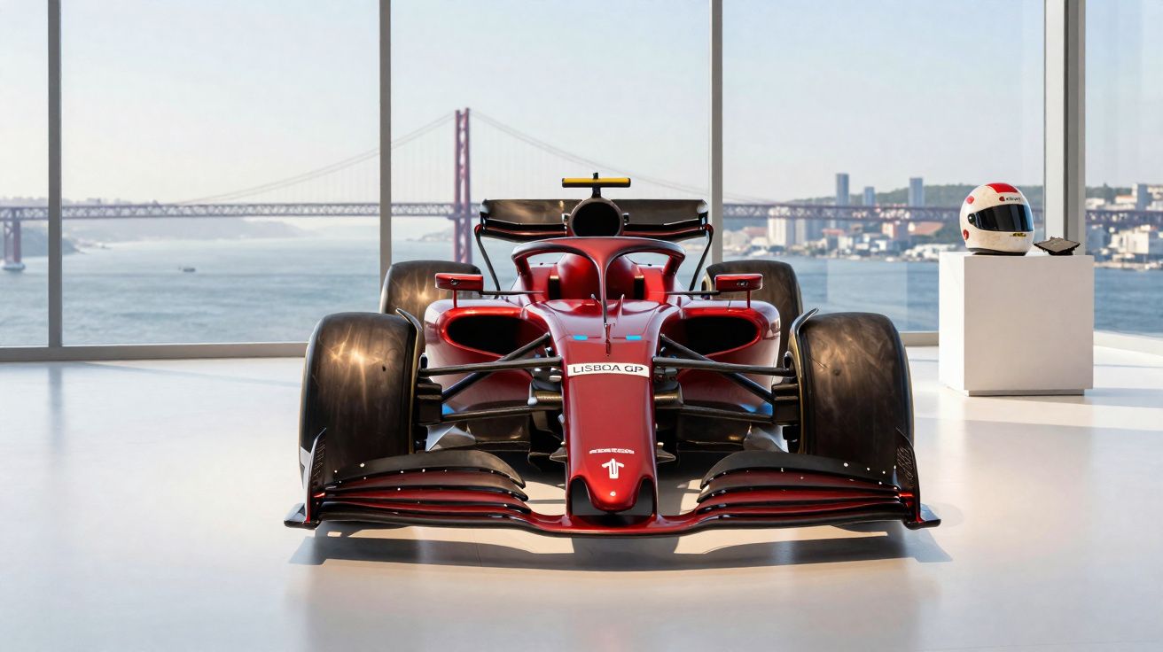 Carro de corrida de Fórmula 1 vermelho exposto em vitrine com capacete ao lado e vista de ponte e rio ao fundo.