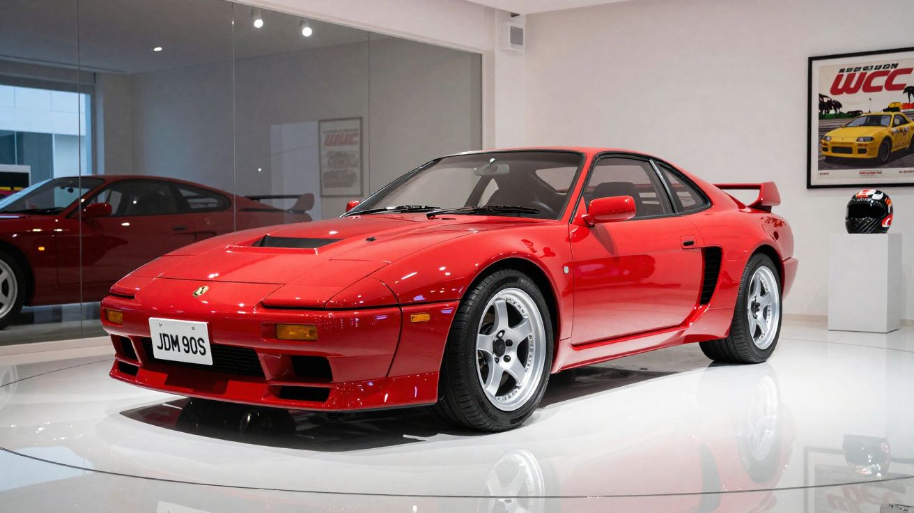 Carro esportivo vermelho clássico em exibição em museu com espelho e pôster na parede branca.