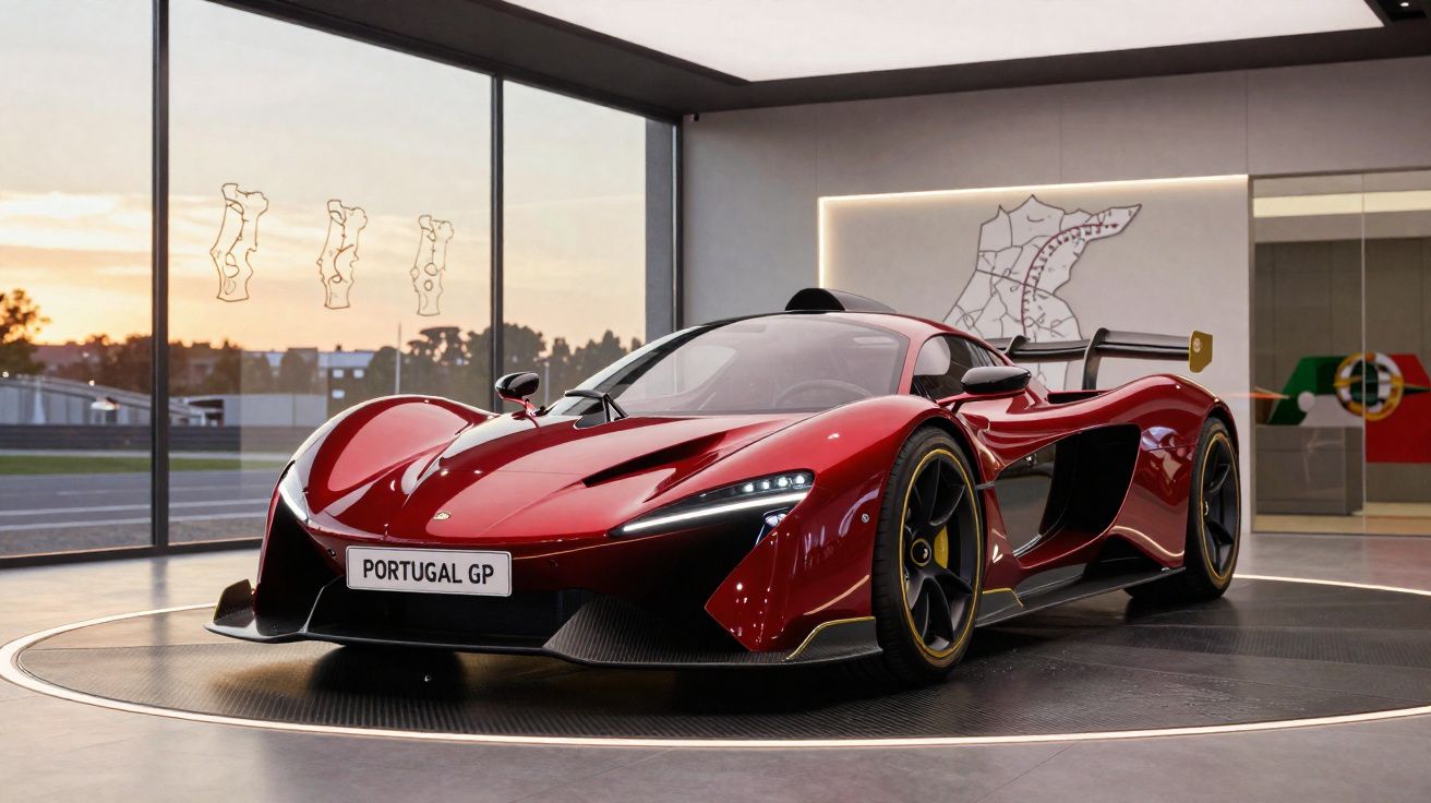 Carro esportivo vermelho McLaren Senna em exposição com placa Portugal GP em ambiente moderno.