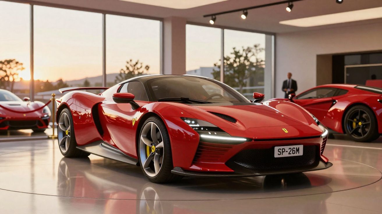 Carro esportivo vermelho Ferrari SP-26M em exposição interna com iluminação natural e homens ao fundo.