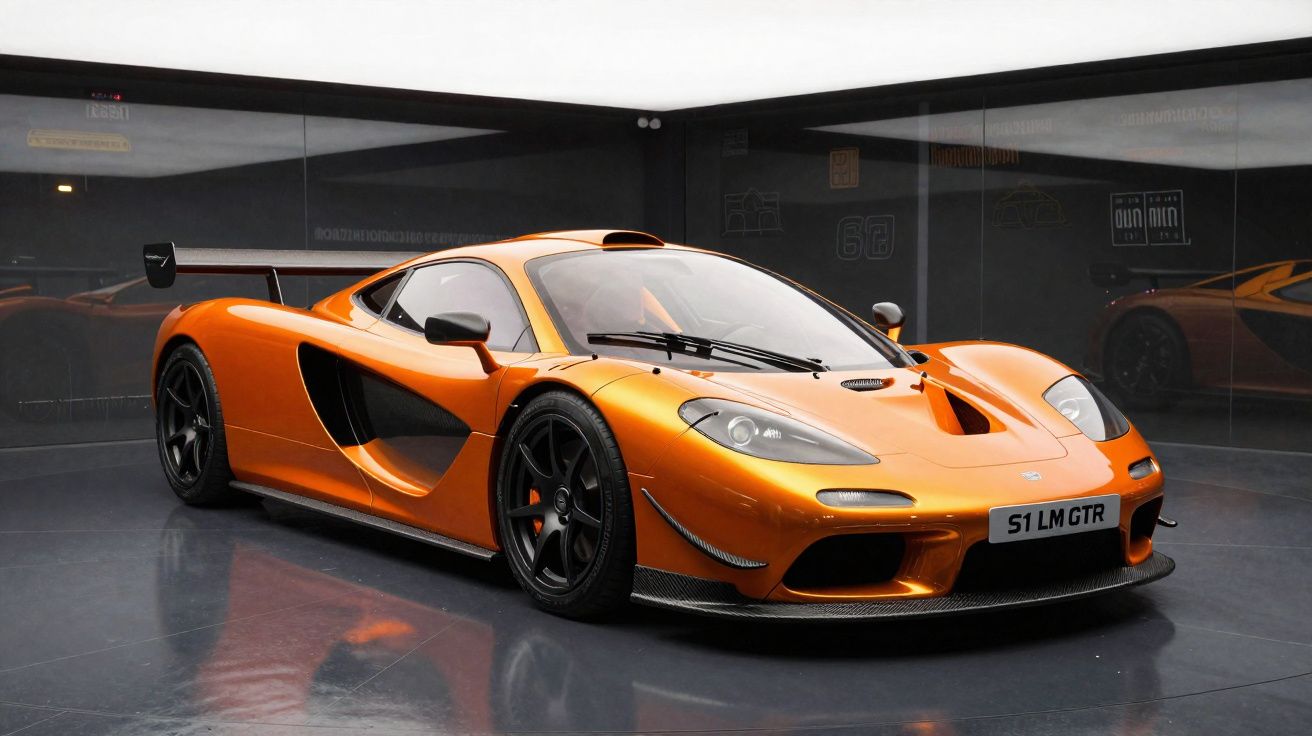 Carro esportivo laranja McLaren S1 LM GTR em exposição, com aerofólio traseiro e rodas pretas.