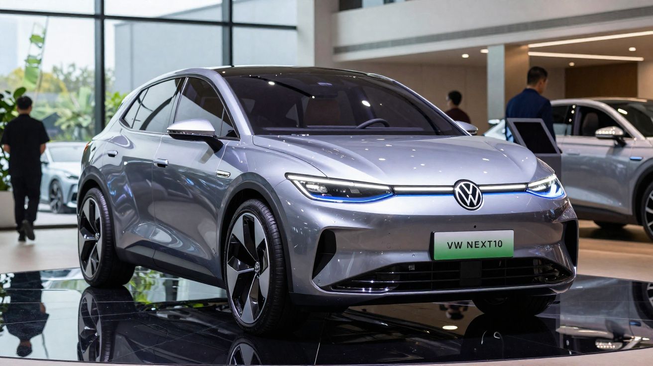 Carro elétrico Volkswagen VW NEXT10 prata exposto em showroom moderno.