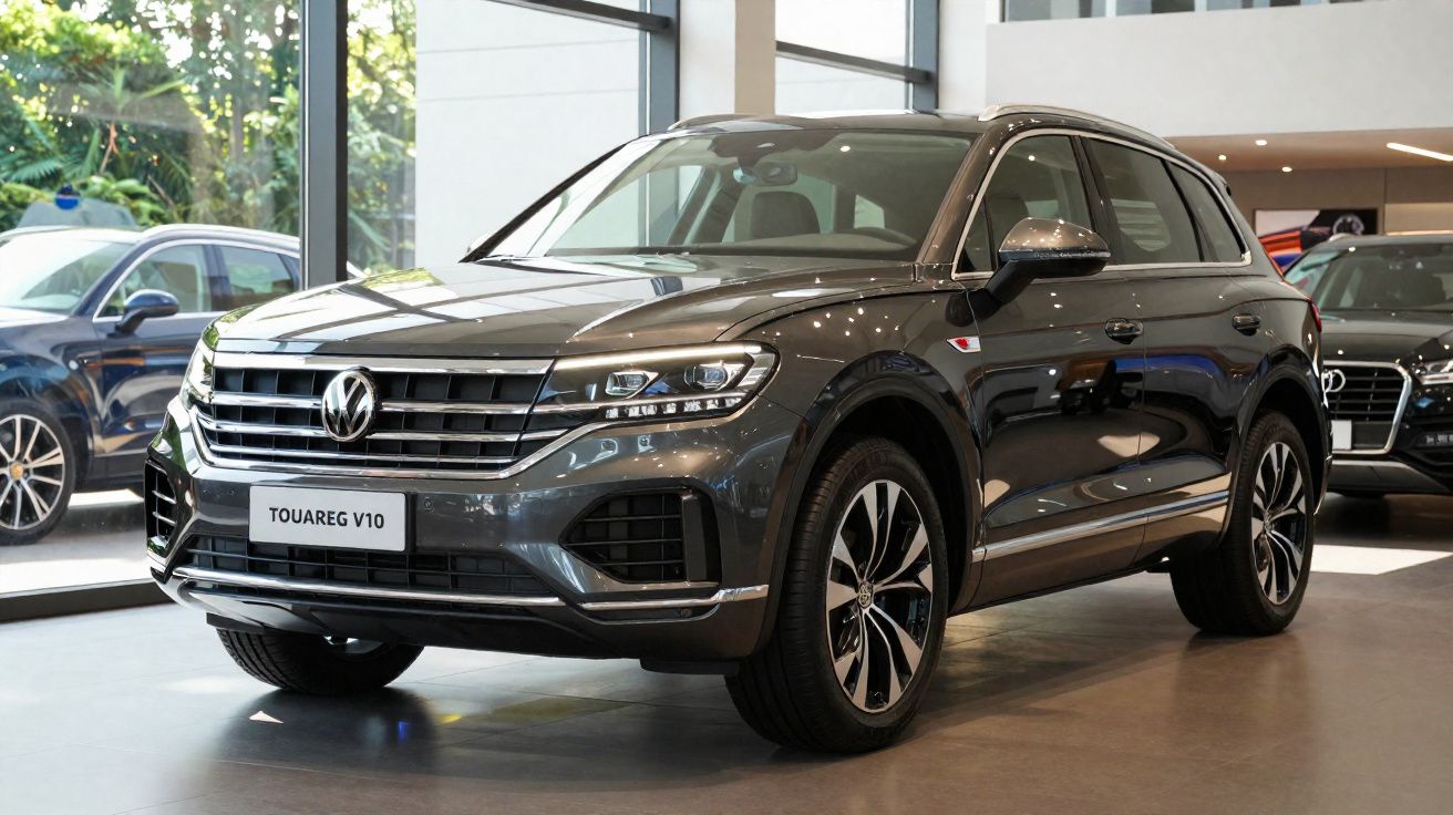 SUV Volkswagen Touareg V10 cinza exposto em concessionária com iluminação natural.