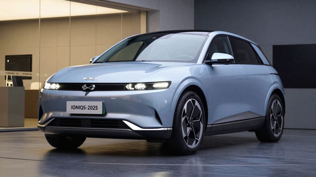 Carro elétrico Hyundai Ioniq 5 2025 cinza estacionado em ambiente interno moderno.