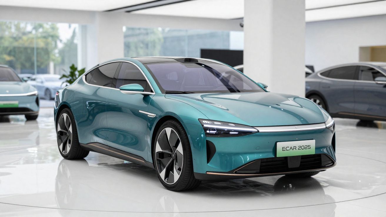 Carro elétrico moderno verde em exibição em showroom com vidros escuros e faróis LED finos.