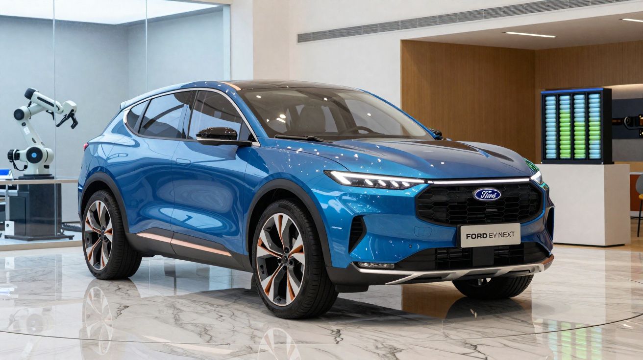 Carro elétrico azul Ford EV Next em showroom moderno com piso de mármore e robô ao fundo.
