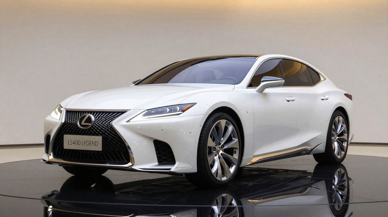 Carro Lexus LS400 Legend branco exibido em plataforma preta com fundo neutro.