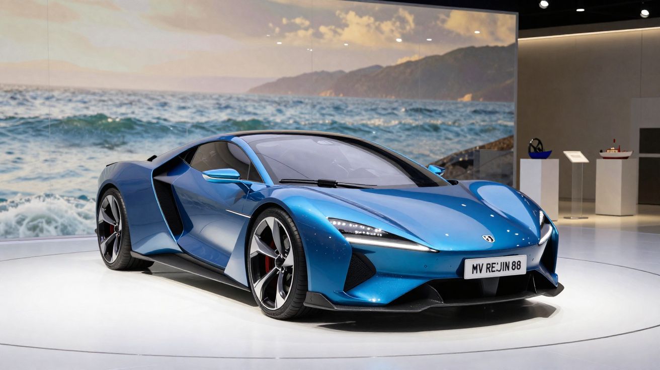 Carro esportivo azul metálico exibido em salão, com fundo de paisagem marítima e montanhas.