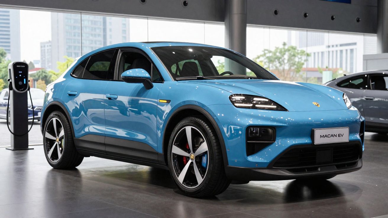 Carro elétrico azul Porsche Macan EV estacionado em showroom com estação de recarga ao lado.