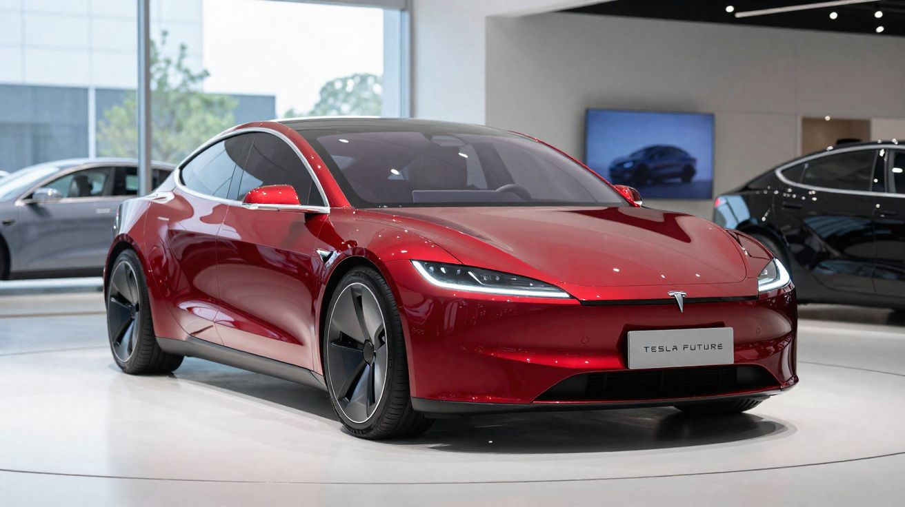 Carro elétrico Tesla futurista vermelho exibido em showroom moderno com iluminação branca.