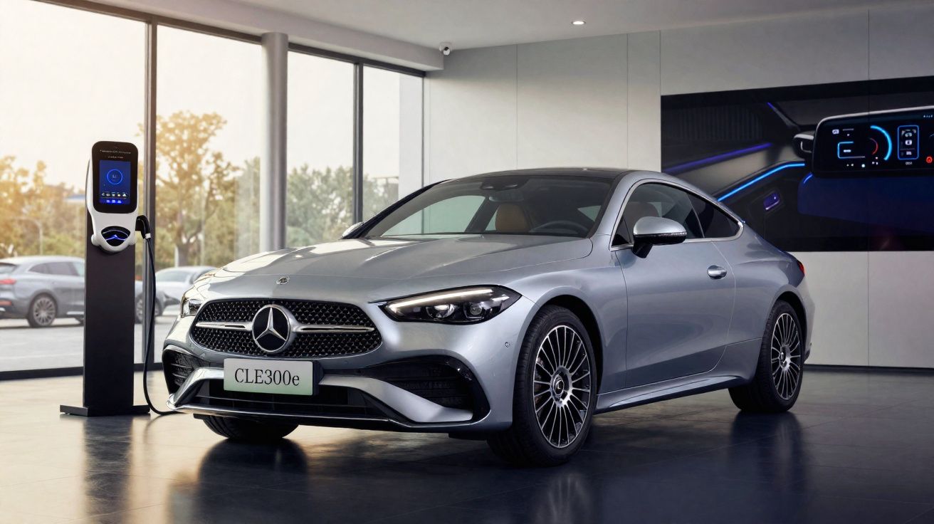 Carro elétrico Mercedes-Benz CLE300e prata estacionado em showroom conectado a estação de carregamento.