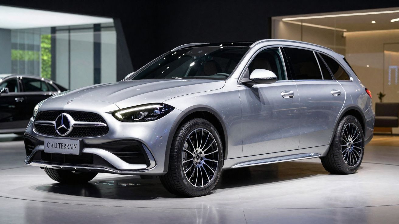 Carro SUV Mercedes-Benz C AllTerrain prata exibido em showroom moderno e iluminado.
