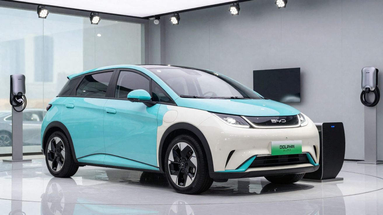 Carro elétrico BYD Dolphin azul e branco exibido em showroom moderno com estações de carregamento ao fundo.