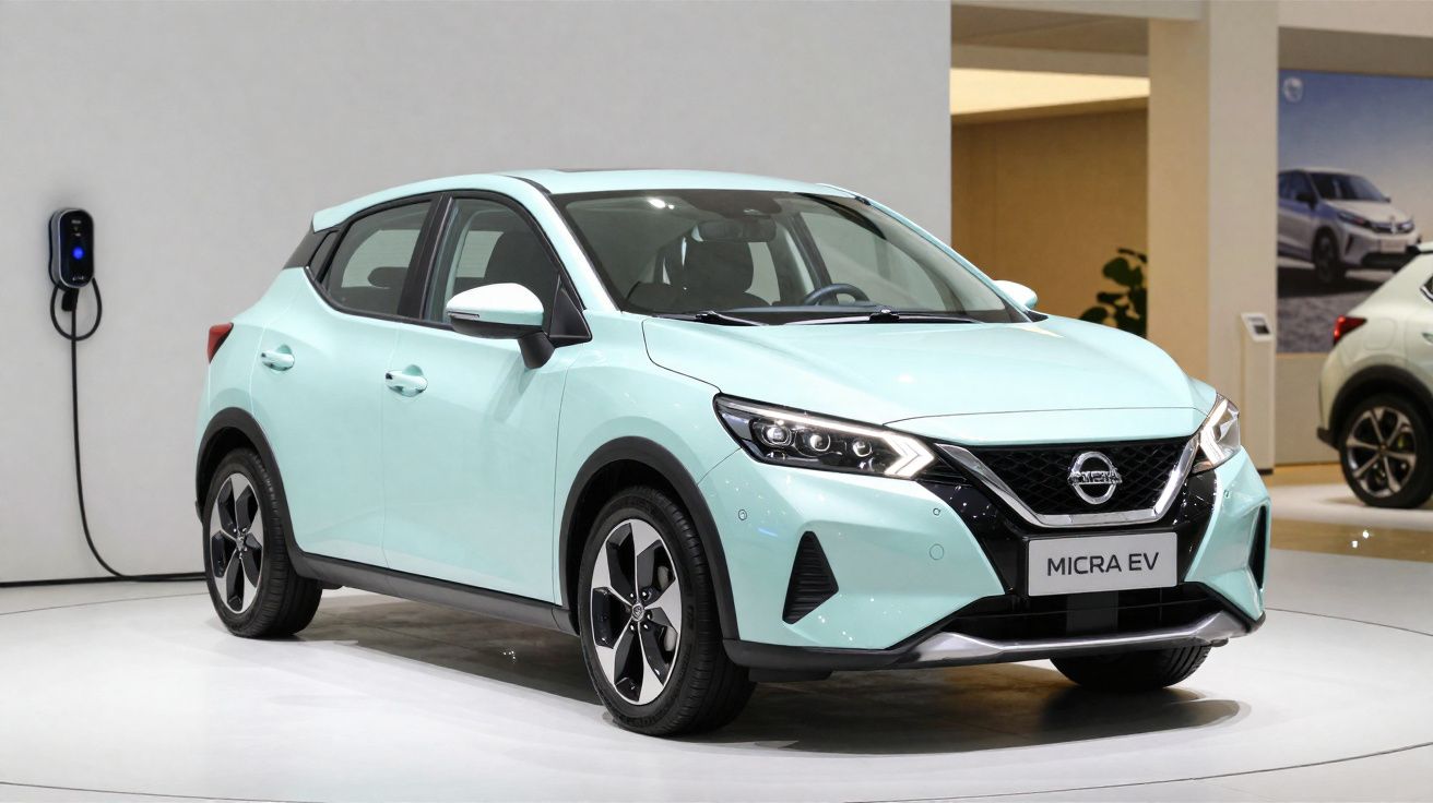 Carro elétrico Nissan Micra EV azul claro estacionado em exposição, conectado a carregador.