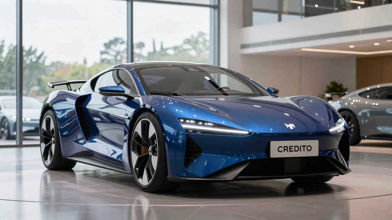 Carro esportivo elétrico azul com design futurista exibido em showroom moderno.