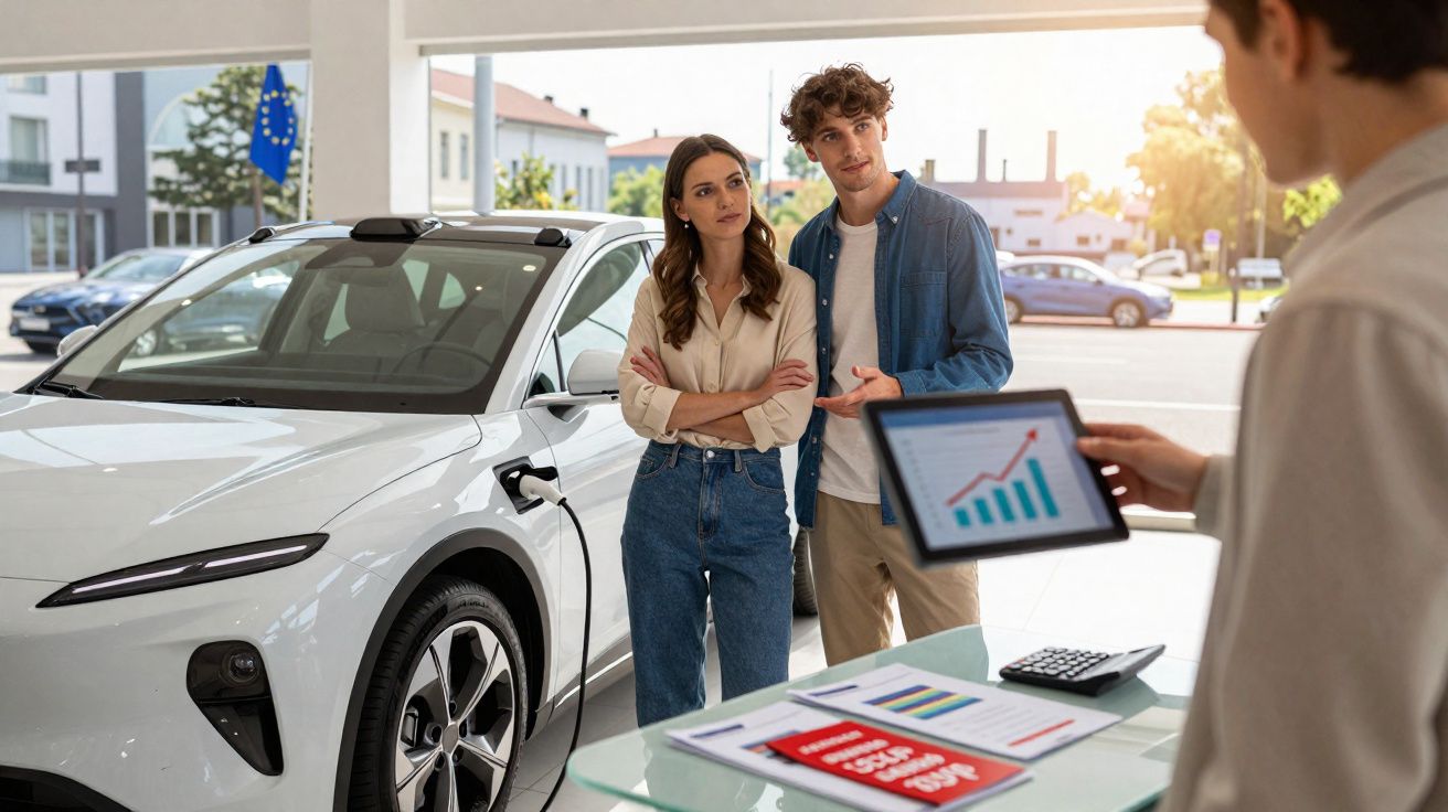 Casal conversa com vendedor sobre carro elétrico branco em concessionária moderna e iluminada.