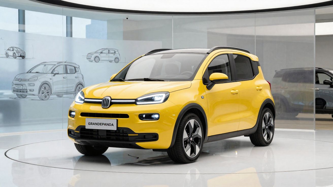 Carro SUV compacto amarelo Fiat Grande Panda em exposição com fundo de desenhos de veículos.